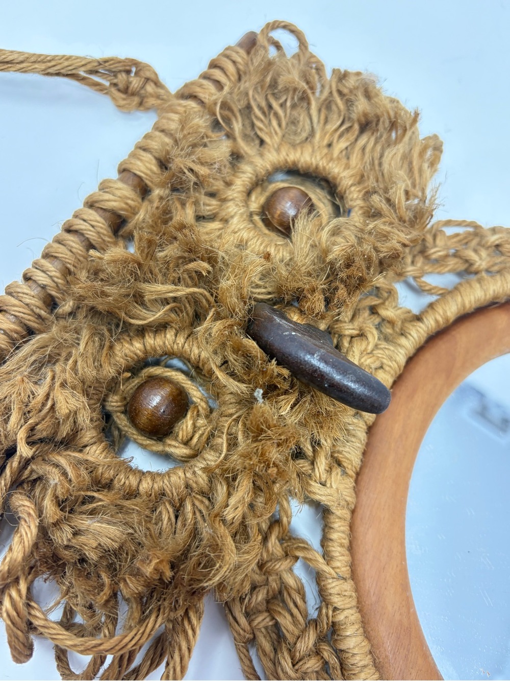 Vintage Macrame Owl Mirror Towel Holder Boho Wall Hanging Cottagecore 30”